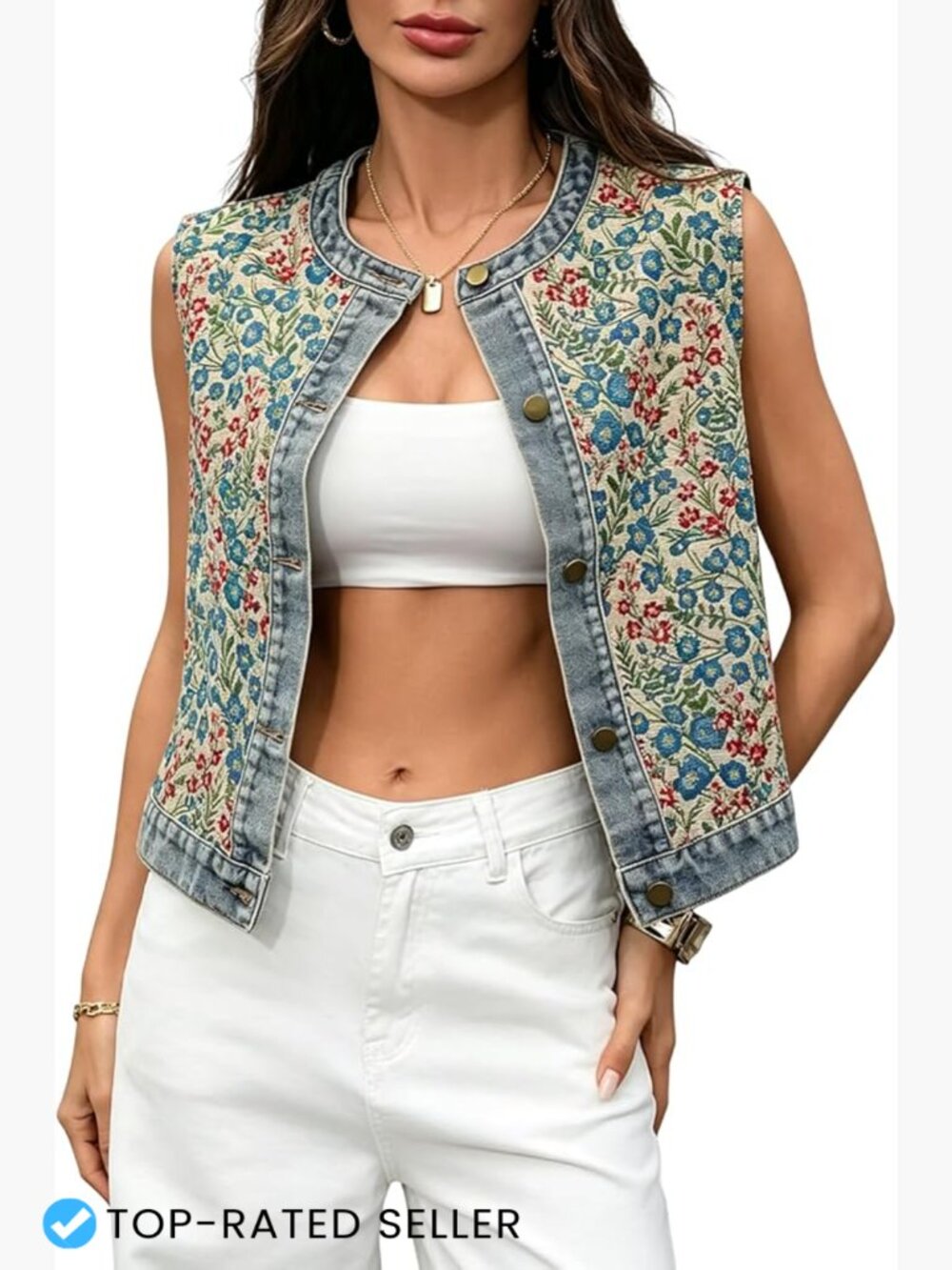 Sleeveless Denim Vest Women's Floral Embroidered Jean Jacket Button Down